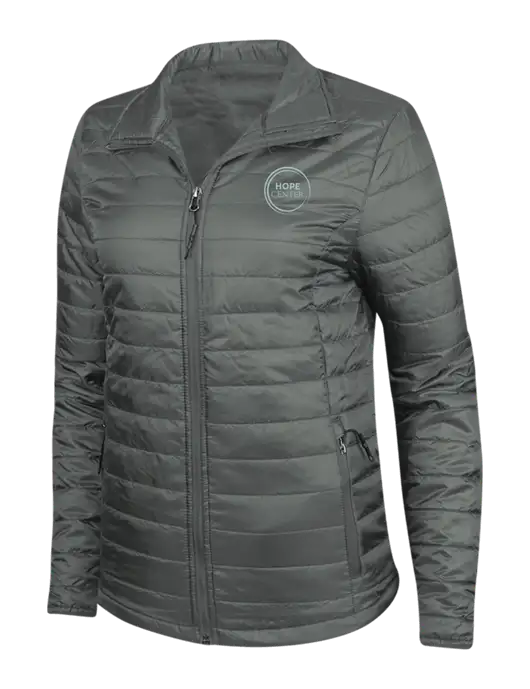 Dark Grey Womens Puffy Packable Jacket w/Hope Center Logo